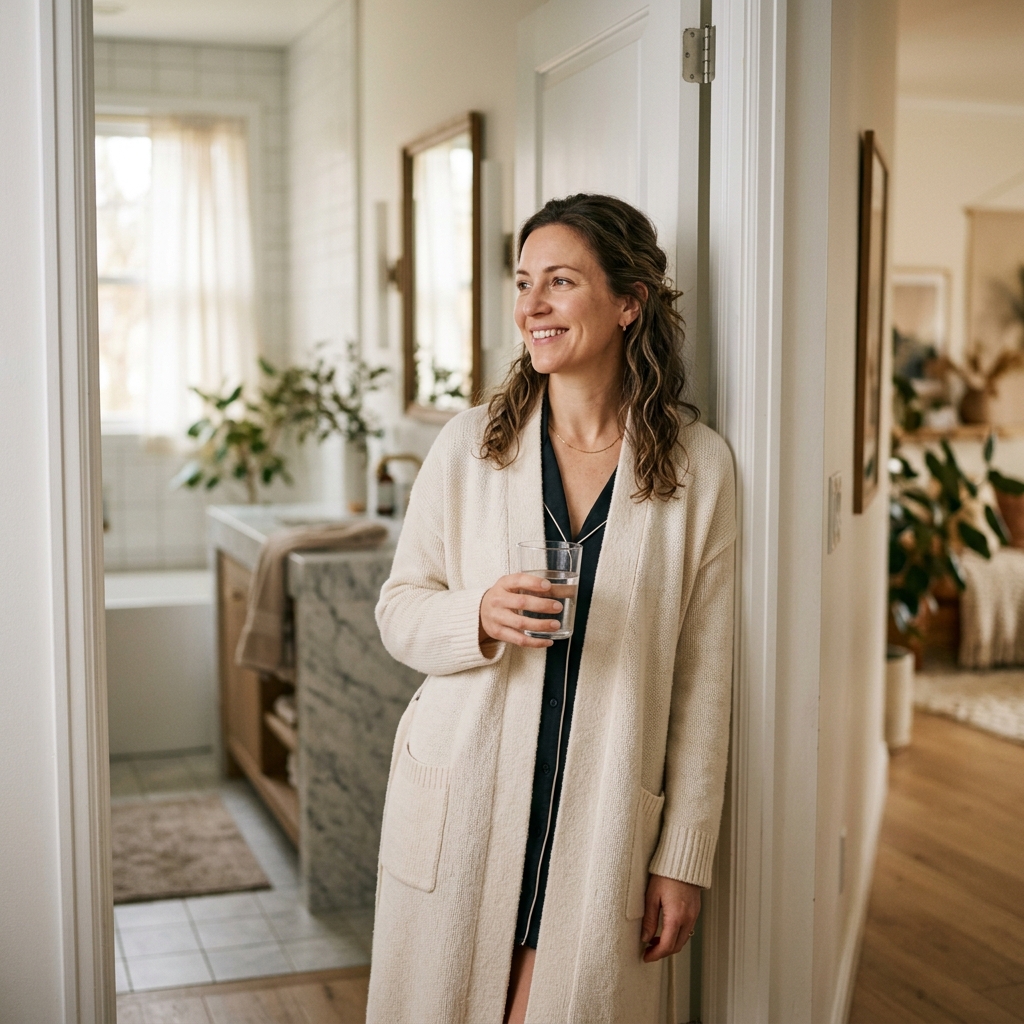 Γυναίκα σε άνετο πρωινό περιβάλλον — καθημερινή ρουτίνα